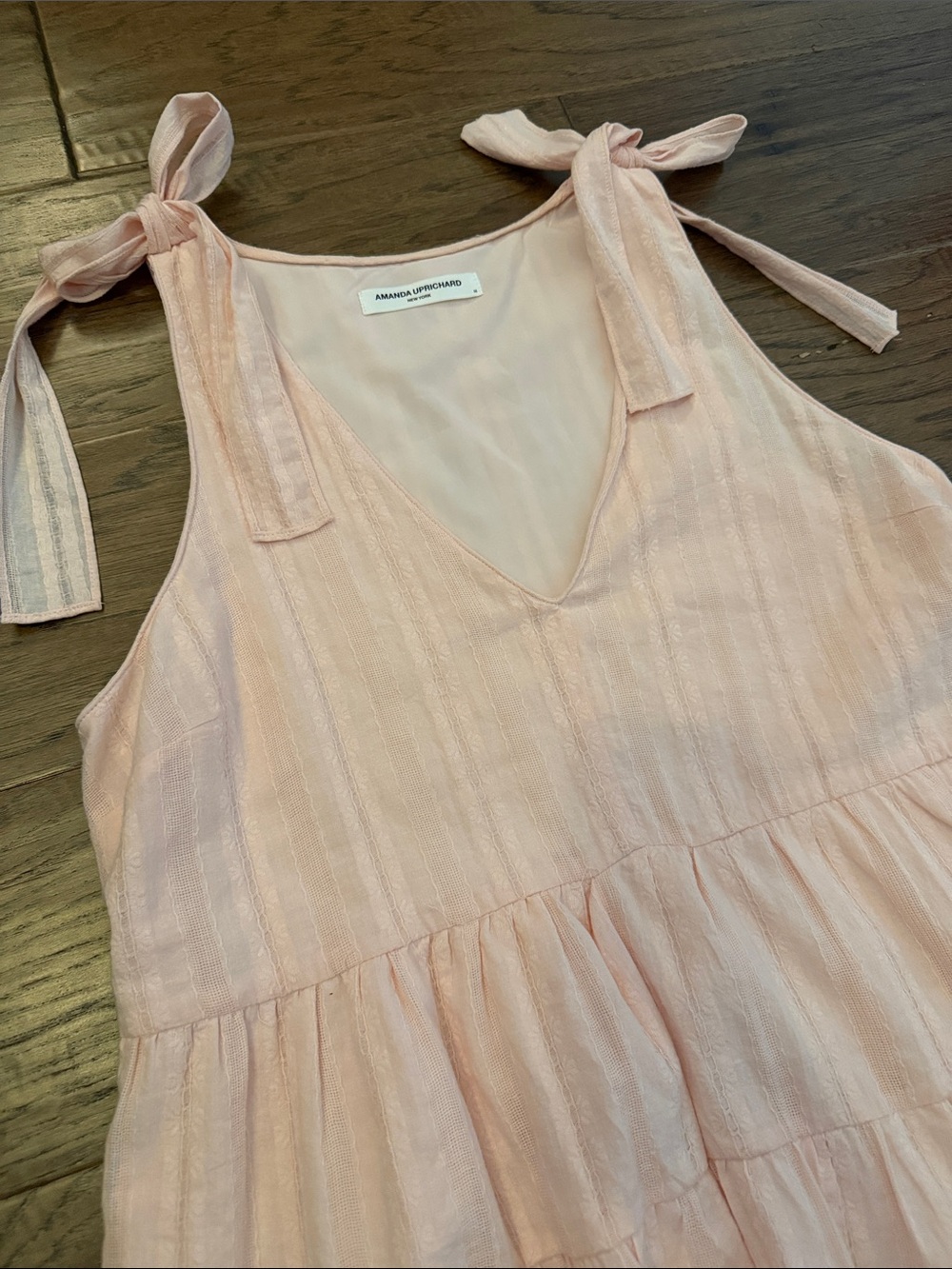 Amanda Uprichard Pruitt Pale Pink Tie-Shoulder Tiered Sundress M - Picture 4 of 11